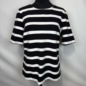 Talbots Lace-Back Black & White Striped Short Sleeved Knit Top Large